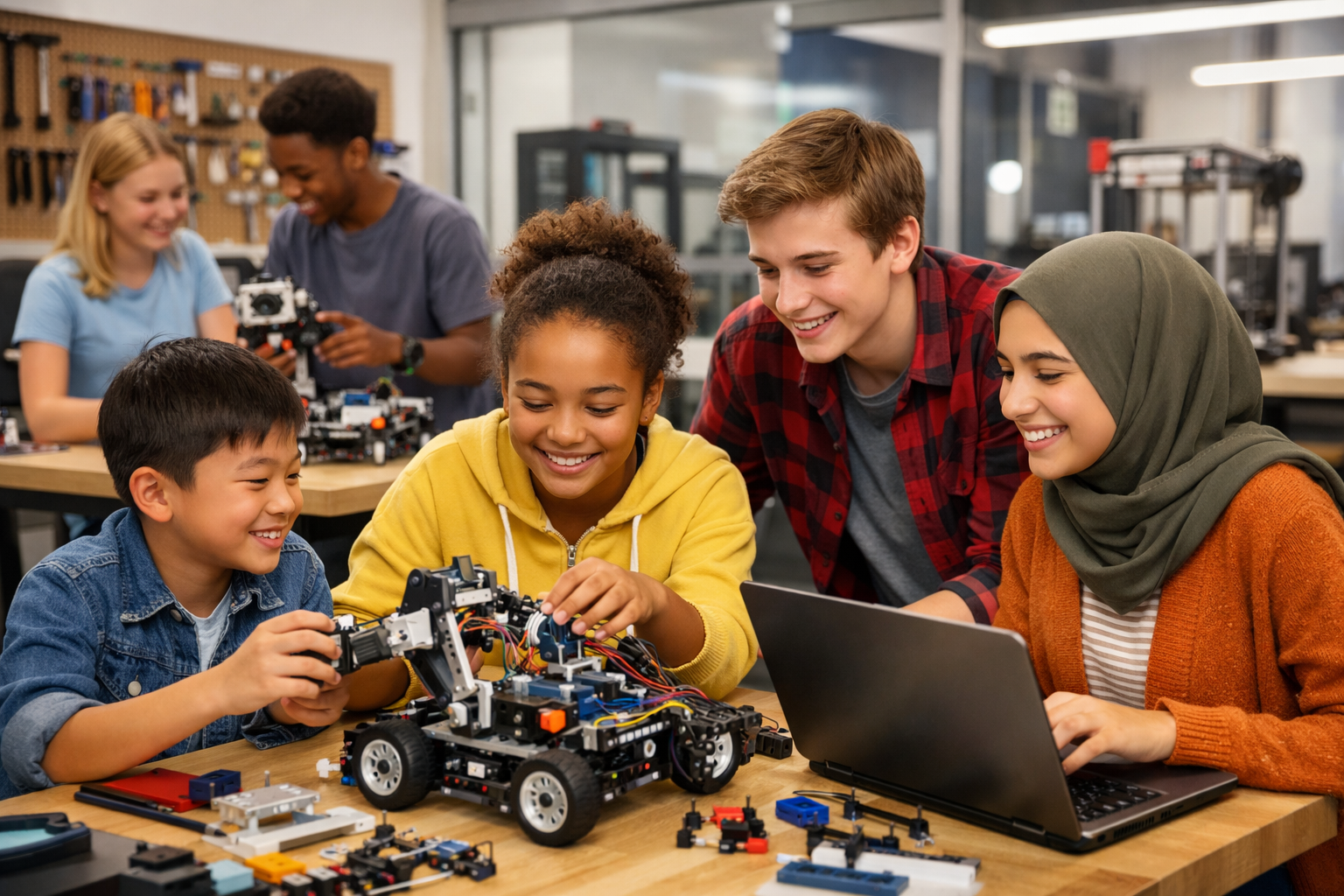 Students working on robotics